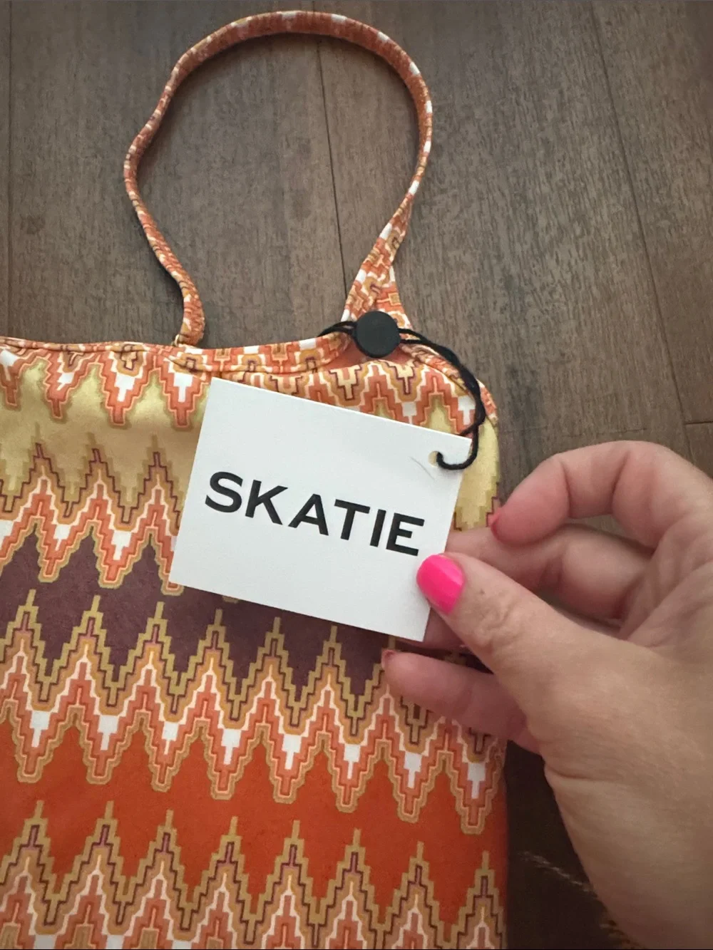 Skatie Orange Chevron Print Bathing suite Top with Brown Accents - Picture 2 of 3